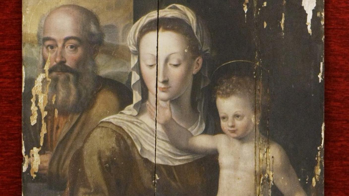 Particolare di un dipinto del XVI secolo intitolato “La Sacra Famiglia” e attribuito al Parmigianino