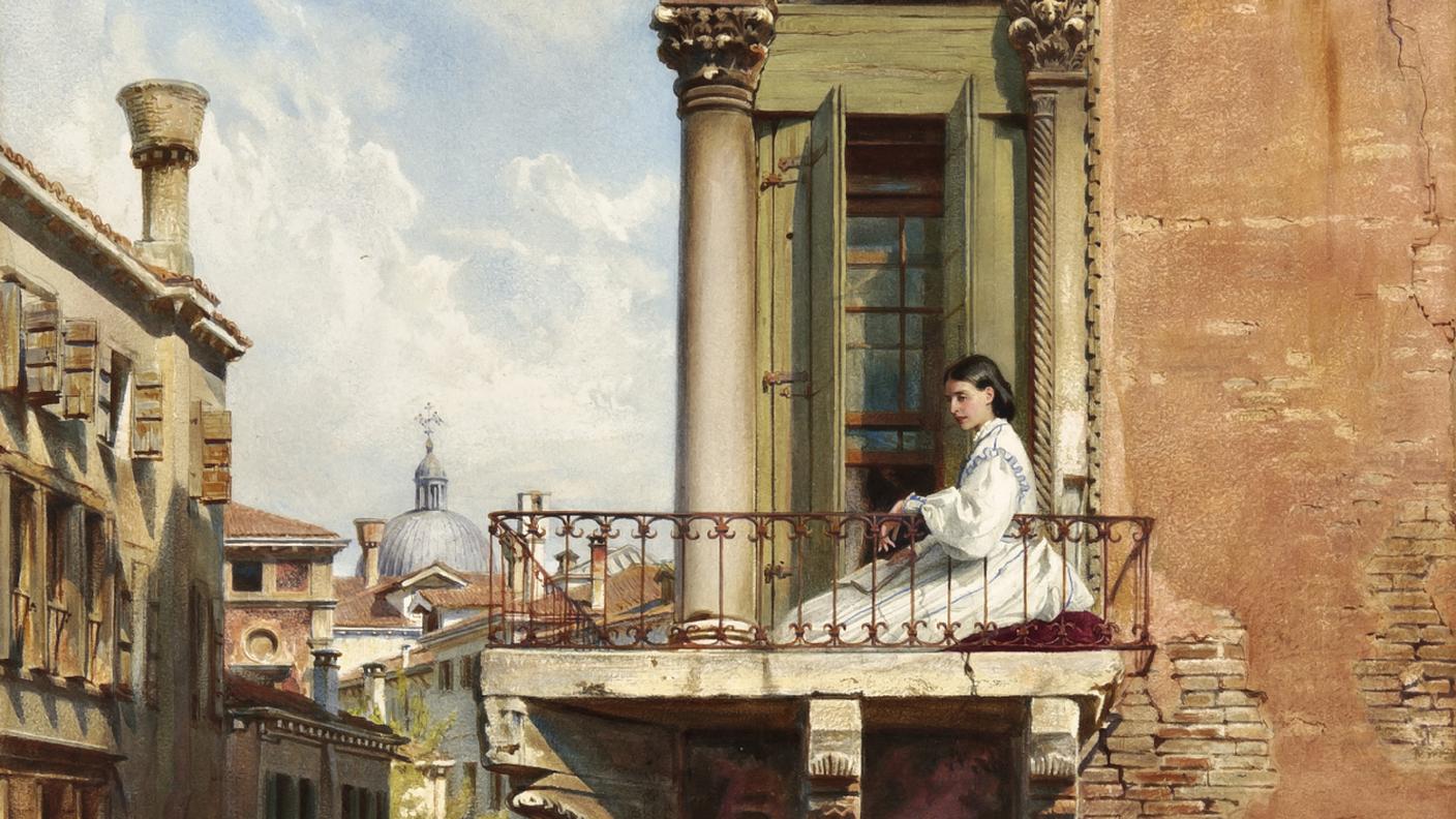 Ludwig Passini - Anna Passini sul balcone di Palazzo Priuli a Venezia - 1866 ca.