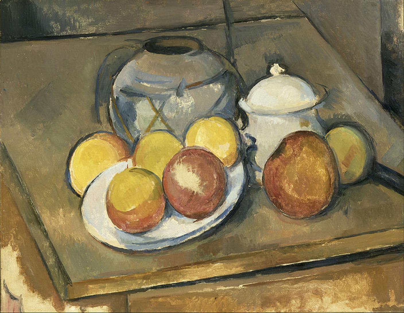 Vaso impagliato, zuccheriera e mele, 1890-1894