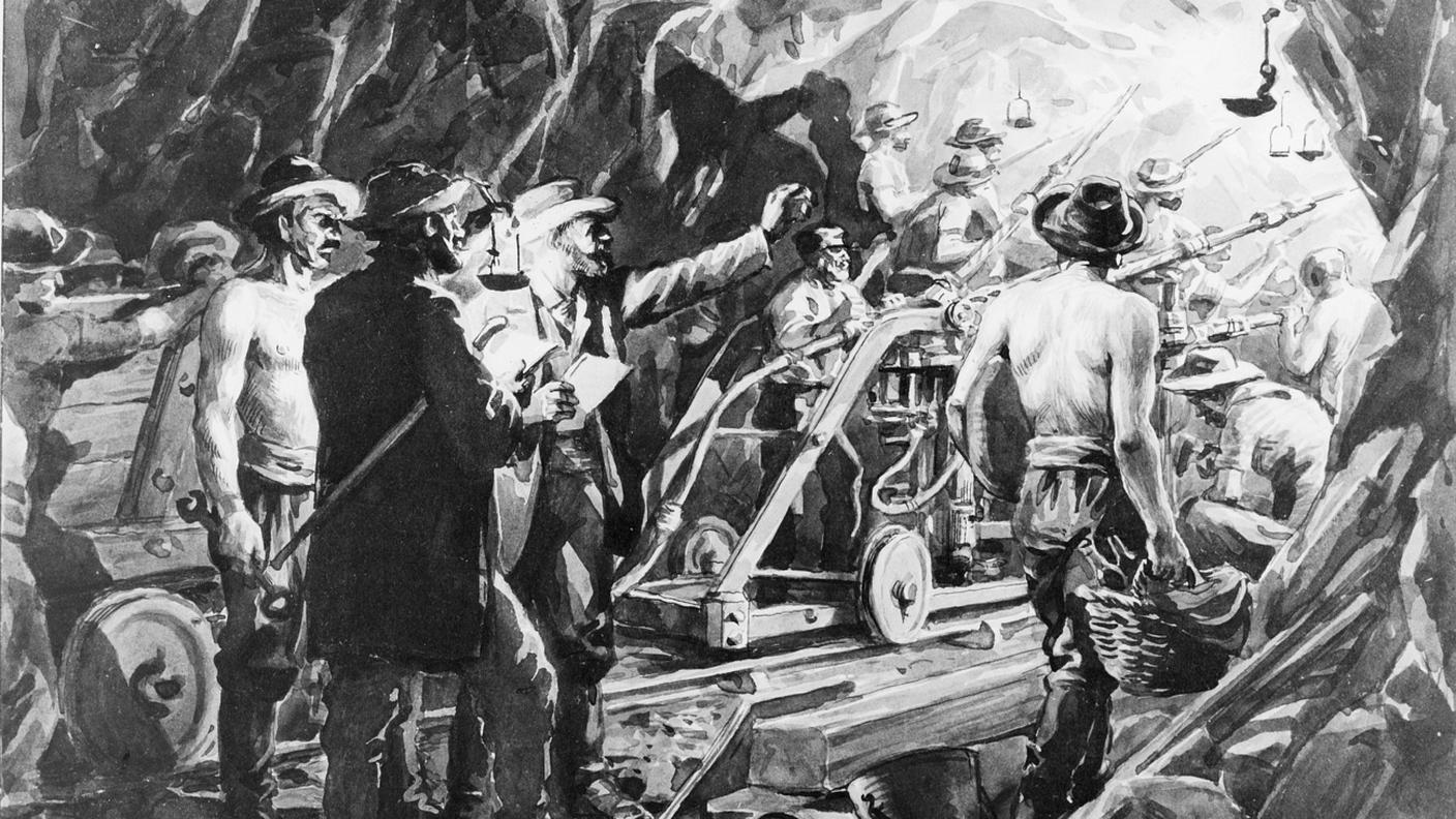 Rappresentazione del lavoro con la perforatrice Ferroux sulla facciata del primo tunnel, dell'artista Henry van Muyden 1880.