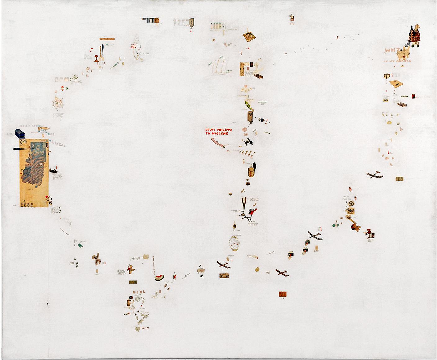 Gianfranco Baruchello, Louis Philippe to Miocene (1967), Collage, smalti industriali, china e matita su tela, cm. 161 x 197. Roma, Galleria Nazionale d'Arte Moderna e Contemporanea