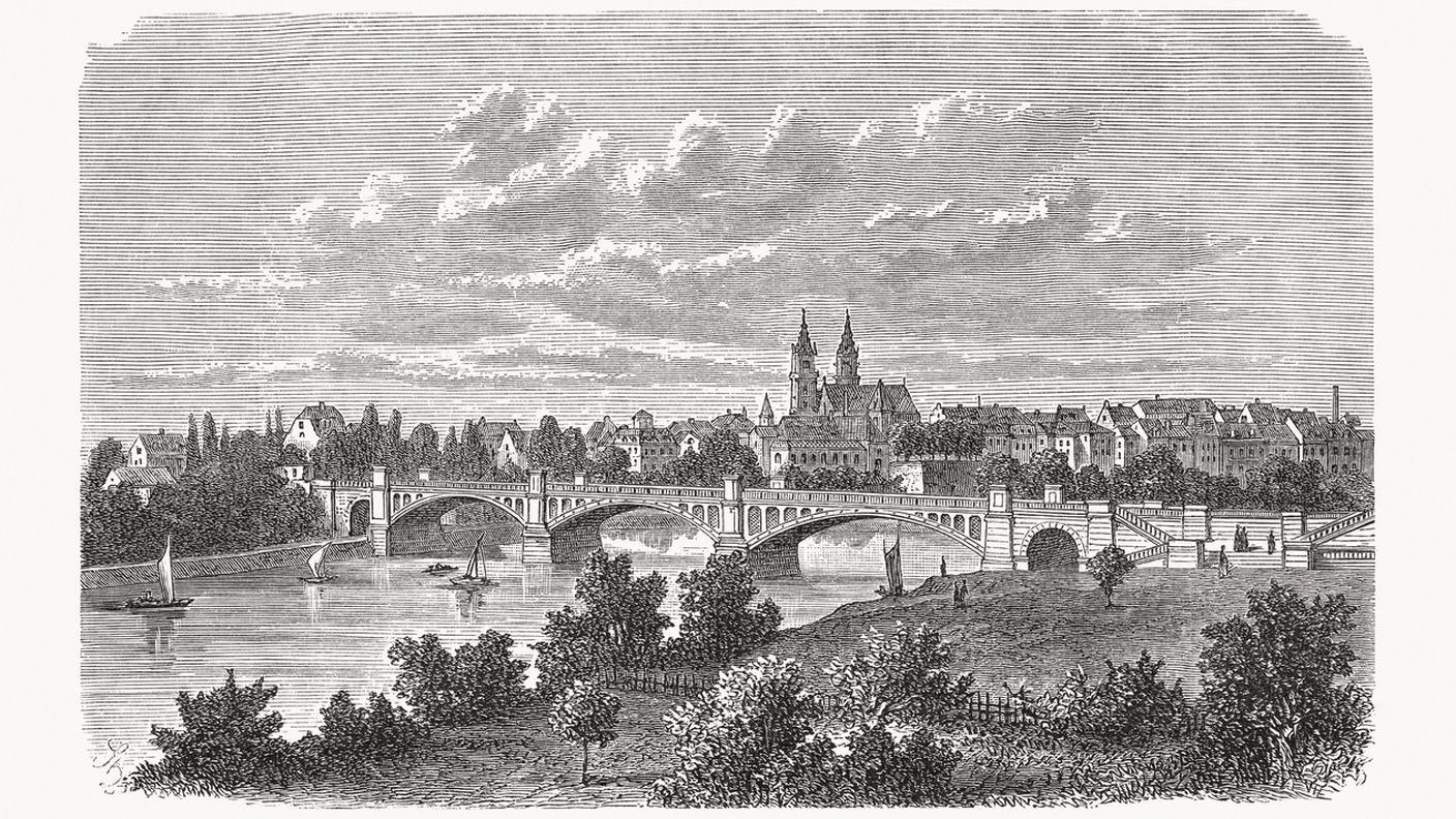 Ponte di Mezzo a Basilea, Svizzera, incisione in legno, pubblicato nel 1893.