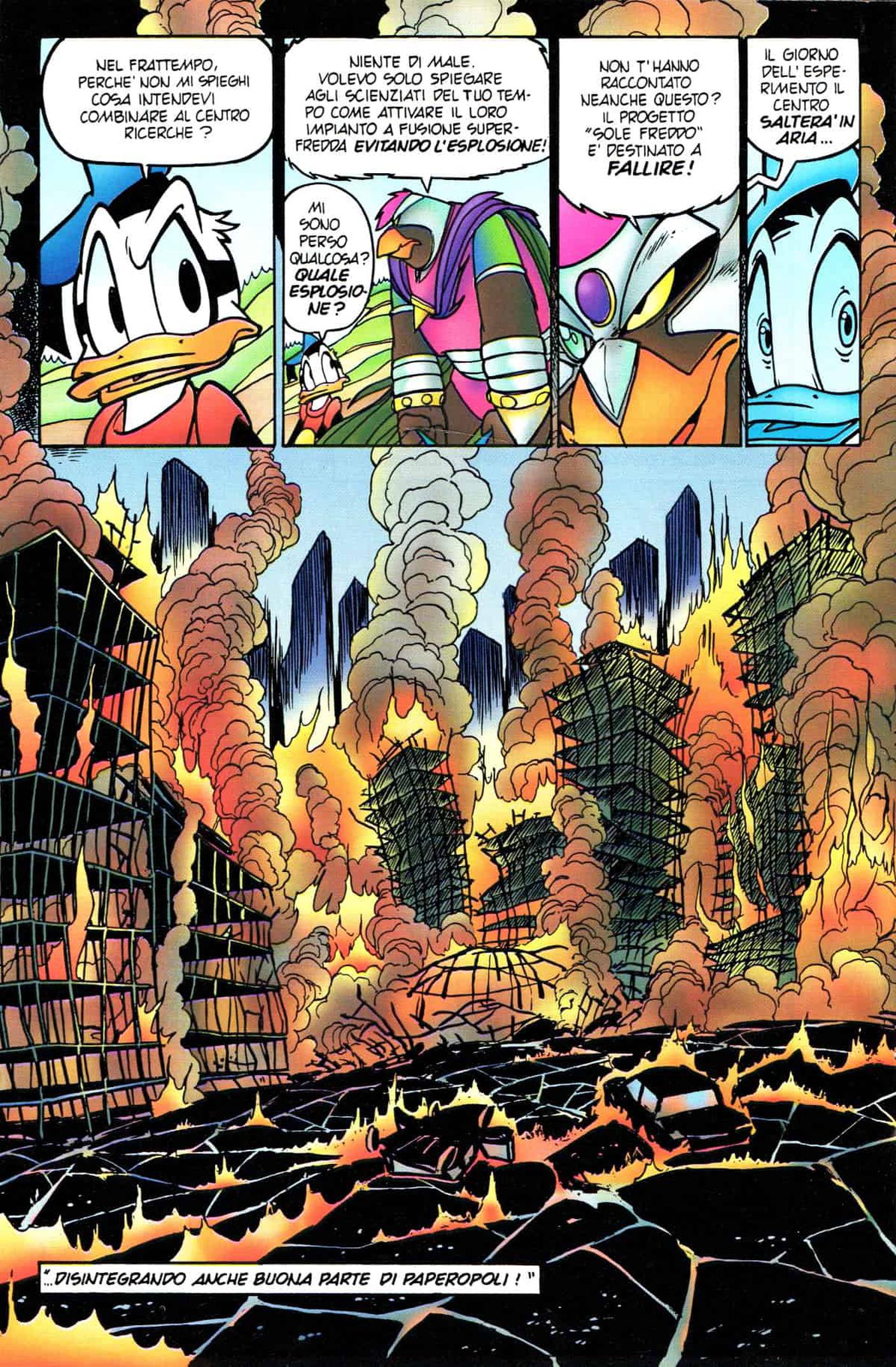 Altro dilemma etico non da poco per Paperinik: allearsi con il pirata temporale Razziatore o permettere la distruzione di Paperopoli? PKNA #3, di Sisti e Sciarrone.