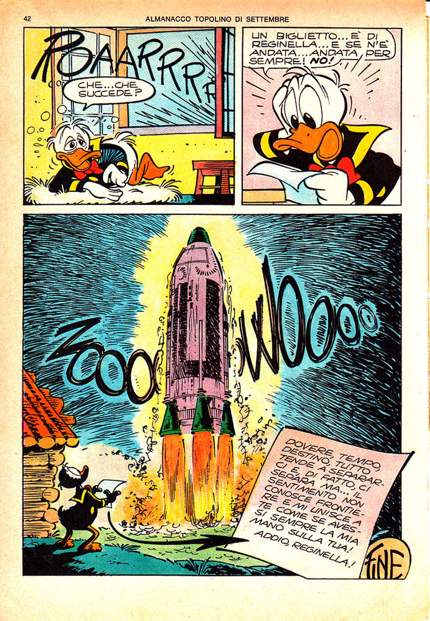 L’addio di Reginella a Paperino, un amore impossibile troncato dal senso del dovere: un esempio classico di tematiche mature, da “Paperino e il ritorno di Reginella” (Cimino/Cavazzano, 1974). 