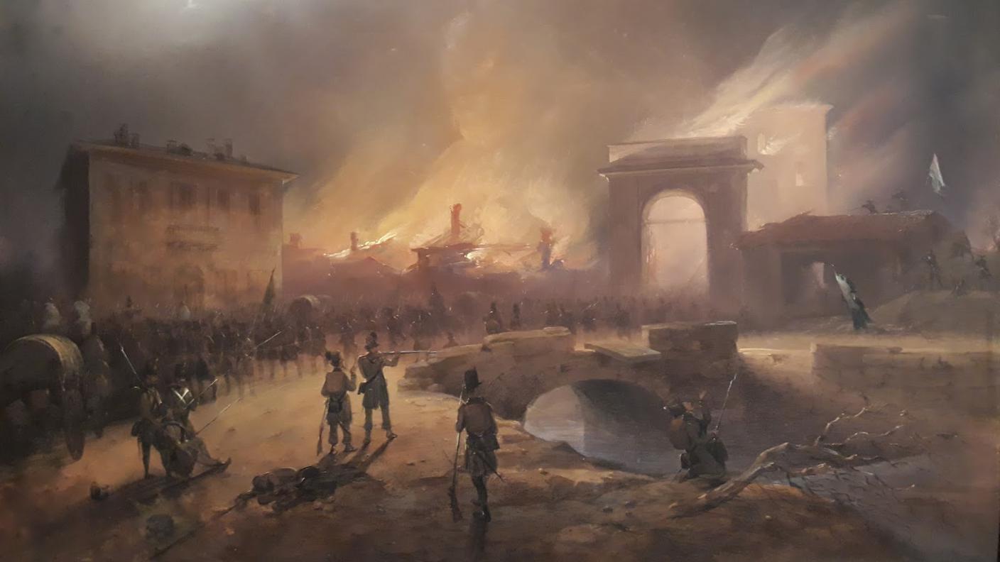Austriaci_in_ritirata_da_Milano_attraverso_Porta_Tosa,_data_alle_fiamme,_notte_del_22_marzo_1848_(di_Carlo_Bossoli).jpg