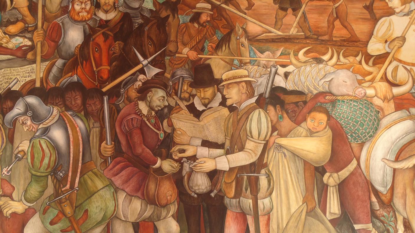 Diego Rivera, La colonizzazione o l’arrivo di Hernán Cortés a Veracruz, pittura murale, 1951. Palazzo Nazionale, Città del Messico.