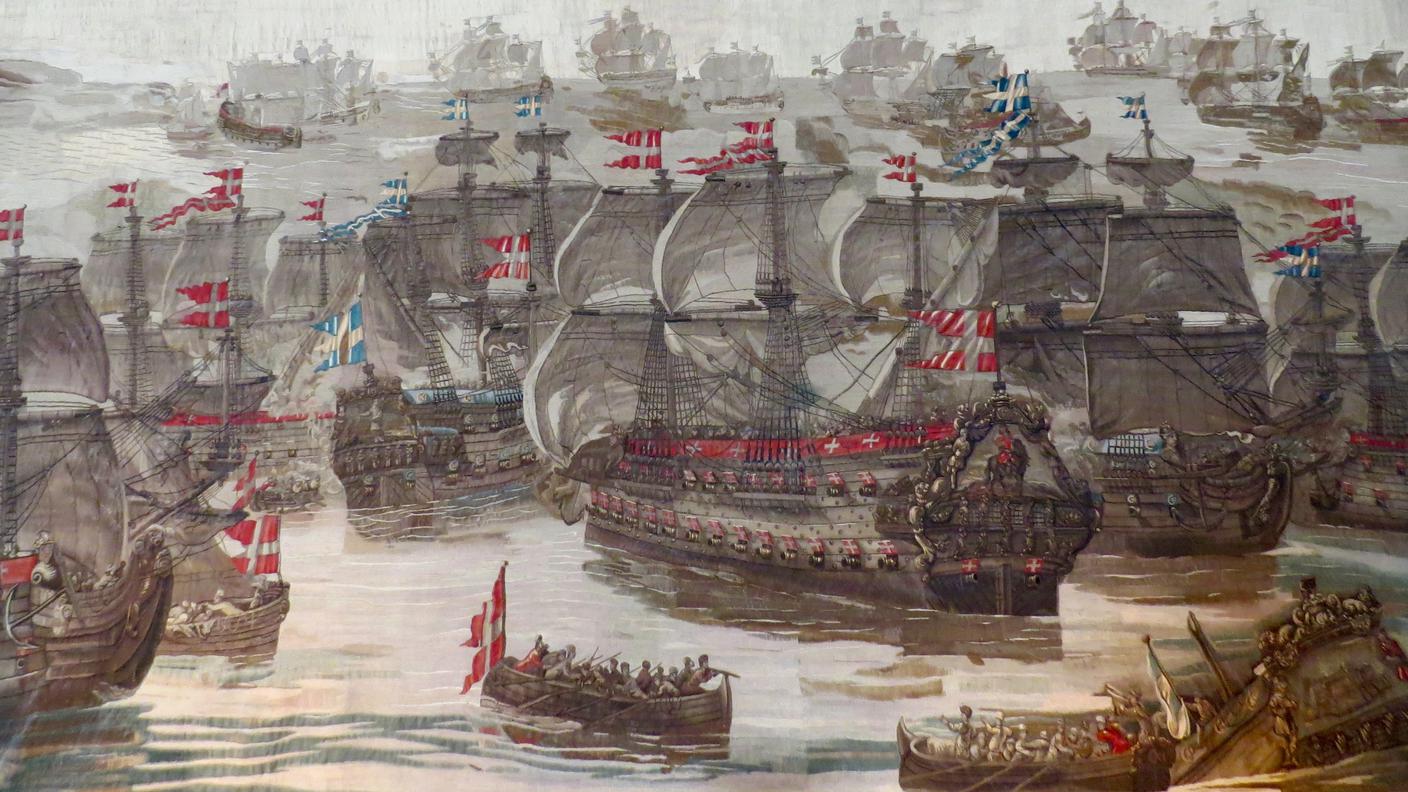 La battaglia di Møen, 1° gennaio 1677, di Berent van der Eichen, dettaglio dell’arazzo tessuto conservato al Castello di Rosenborg, Copenaghen.