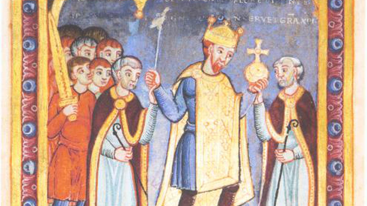 Enrico III nel ruolo di sovrano cristiano. Il 5 giugno 1040, anniversario della sua ascesa al potere, re Enrico è raffigurato durante la consacrazione della chiesa del monastero di Stablo: affiancato da due abati che sorreggono le sue mani con scettro e globo, mentre a sinistra un laico porta la spada. Miniatura dal Pericopi di Enrico III, Echternach, metà dell’XI secolo.