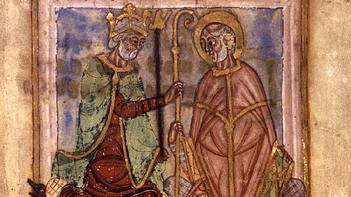 Dagoberto I, re dei Franchi, conferisce l’episcopato ad Audomaro di Thérouanne. Miniatura dalla Vita di saint Omer, XI secolo.