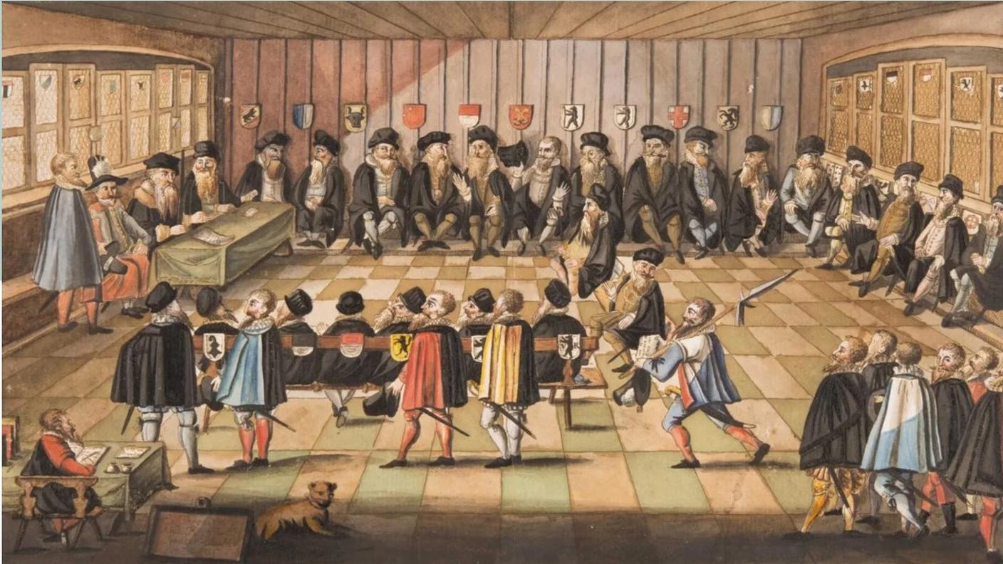 Assemblea federale (Tagsatzung) del 1531 a Baden, stampa del 1793, Peter Vischer, Acquaforte su carta. (1793).