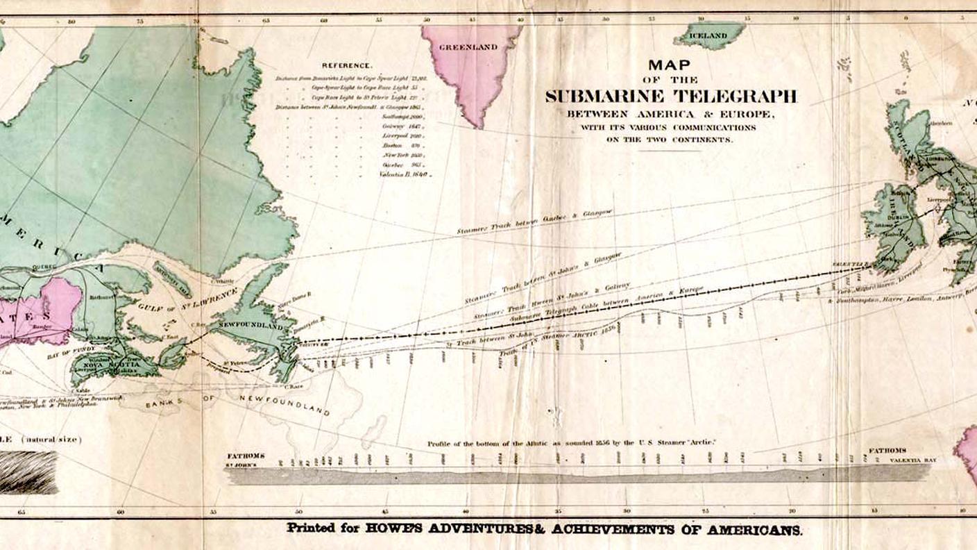 Mappa del tracciato del cavo telegrafico transatlantico del 1858, comprendente il profilo delle profondità rilevate dalla USS Arctic.