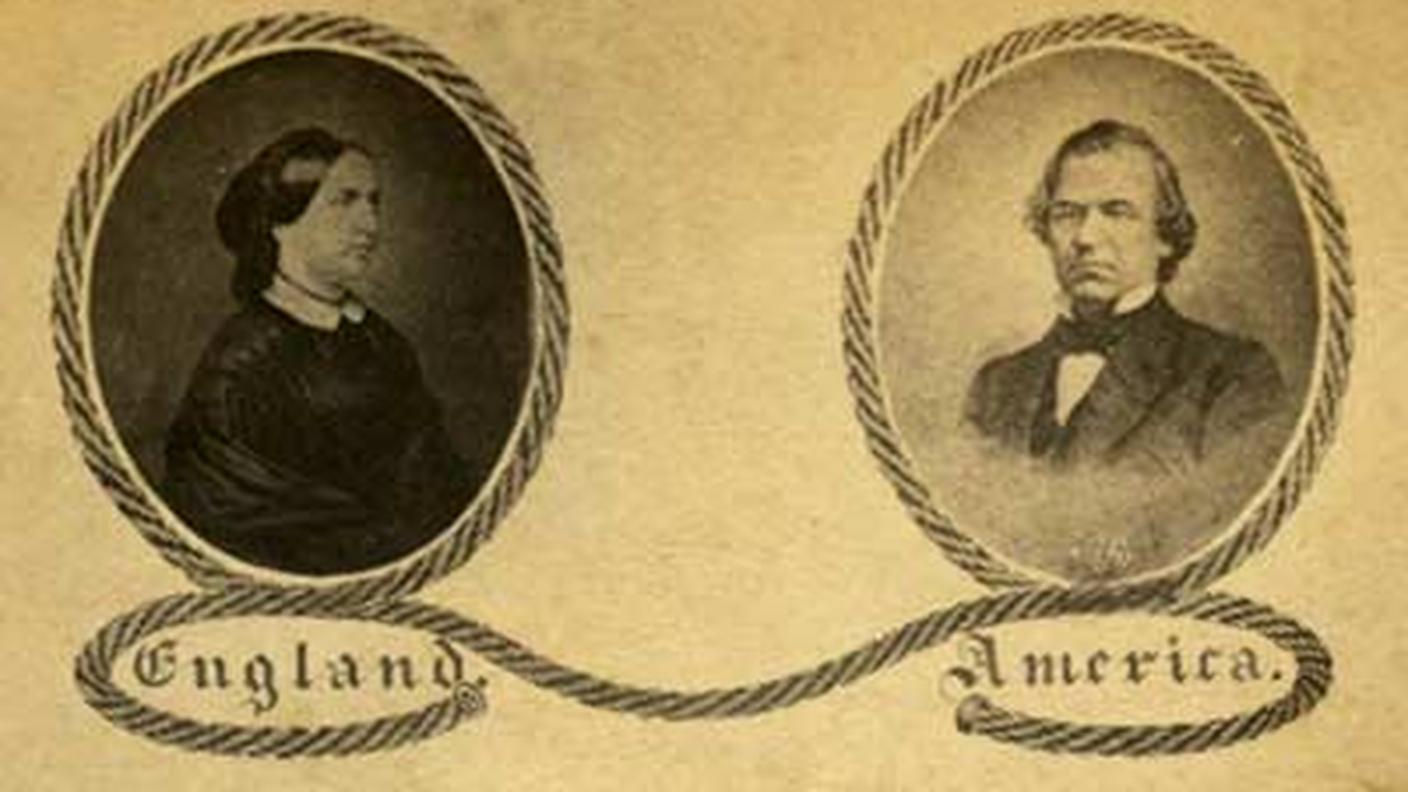 Particolare della cartolina commemorativa del 1866 che celebra lo scambio di messaggi tra la regina Vittoria e il presidente Andrew Johnson dopo il completamento del cavo telegrafico transatlantico permanente.