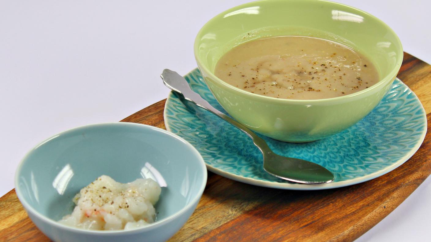 Crema alle castagne e zenzero con tartare di scampi al gin