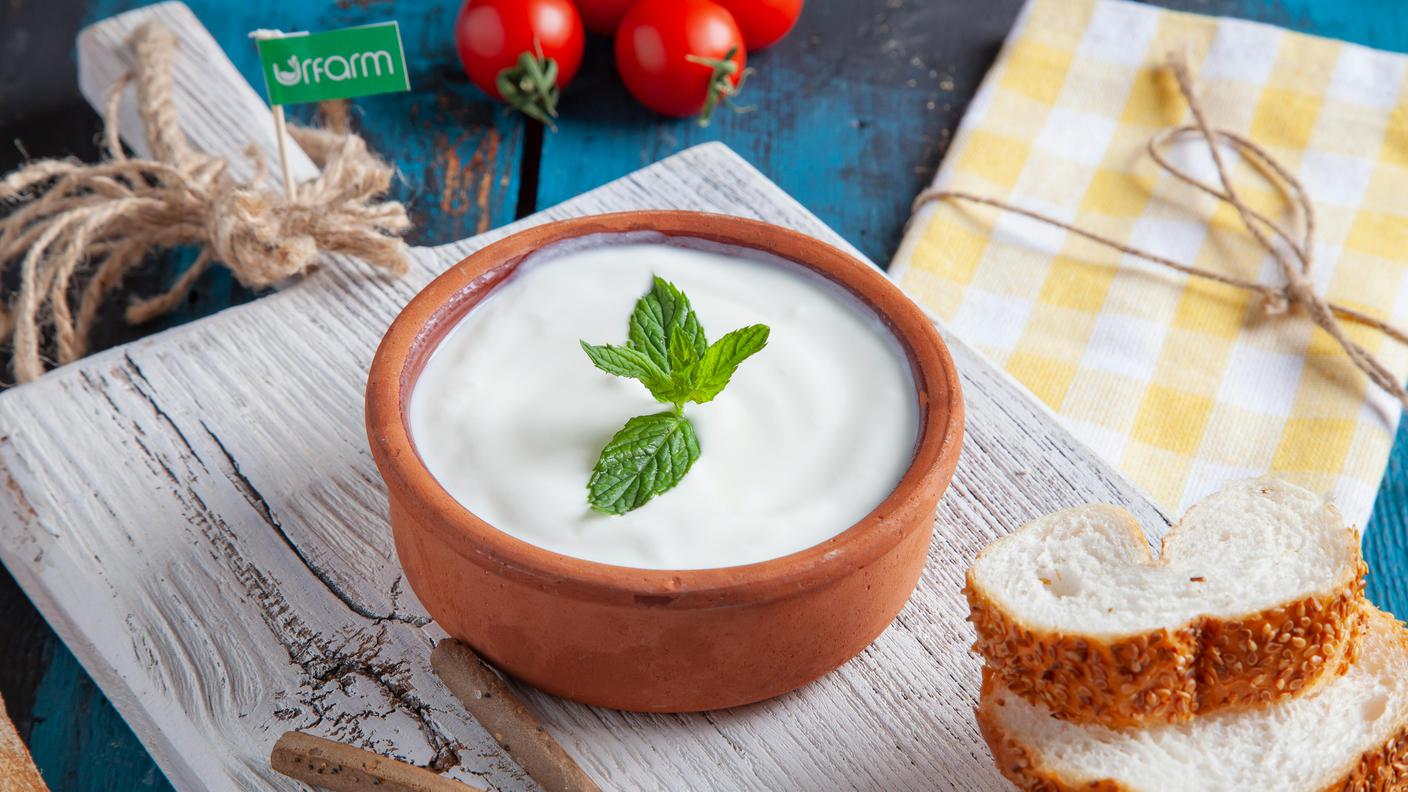 ciotola di yogurt bianco con due foglie di menta