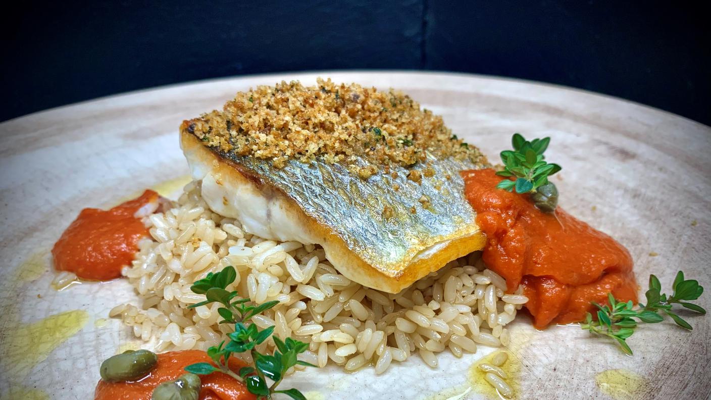 Trancio di spigola arrosto con ketchup alle acciughe