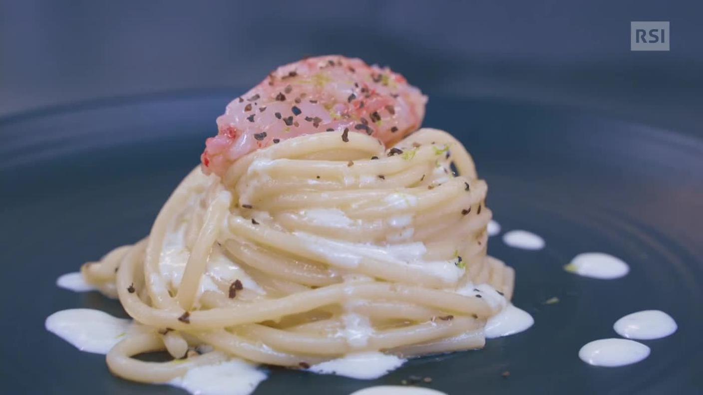 Spaghetti e tartare di gambero rosso - Ristorante Seven Lugano - chef Claudio Bollini