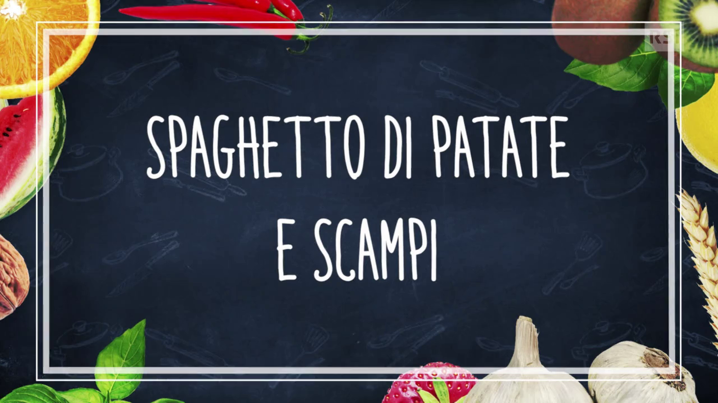 Ricetta in breve - Spaghetto di patate e zucchine con scampi e chorizo