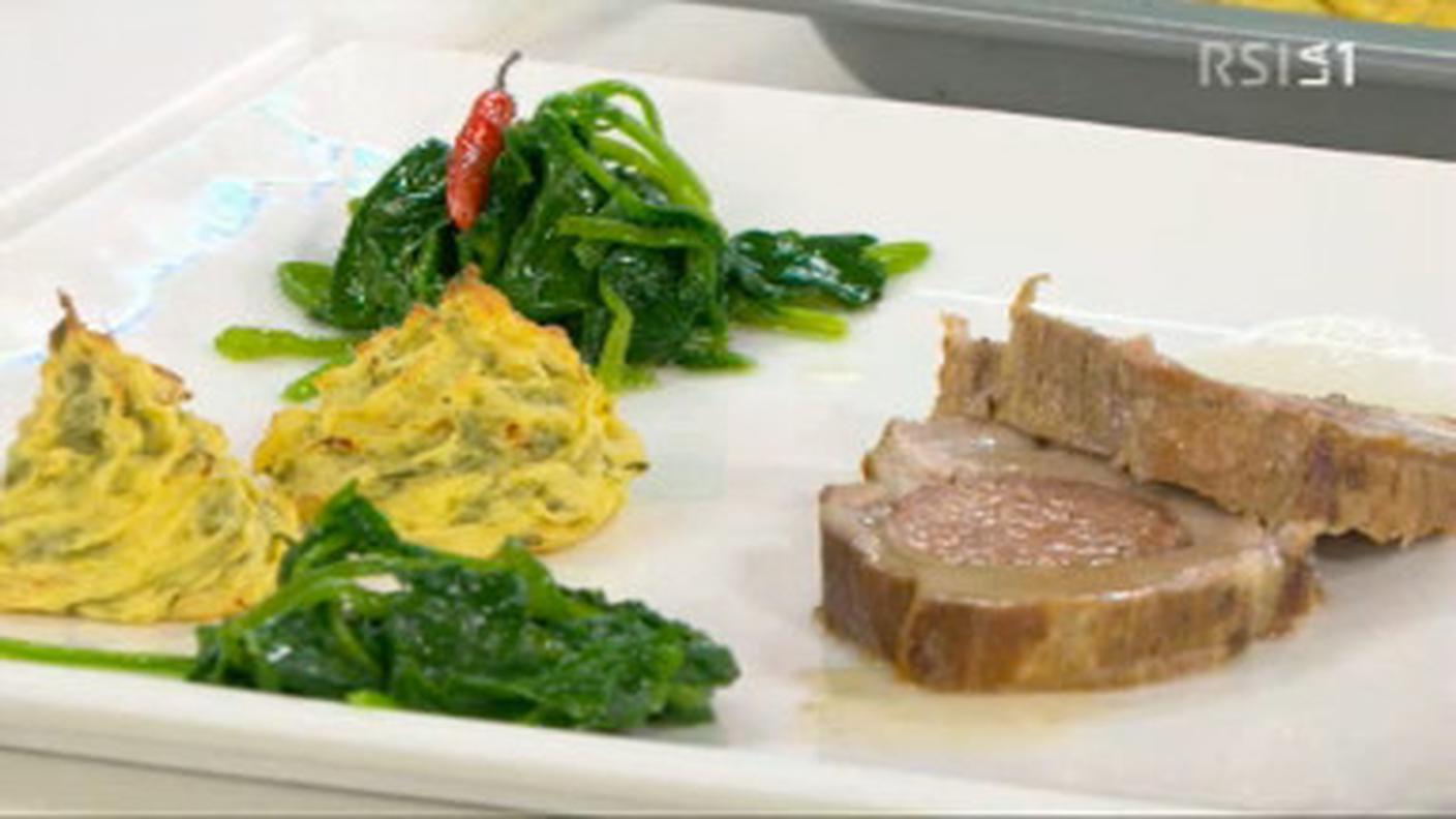 Arrosto, cime di rapa e patate duchesse al crescione
