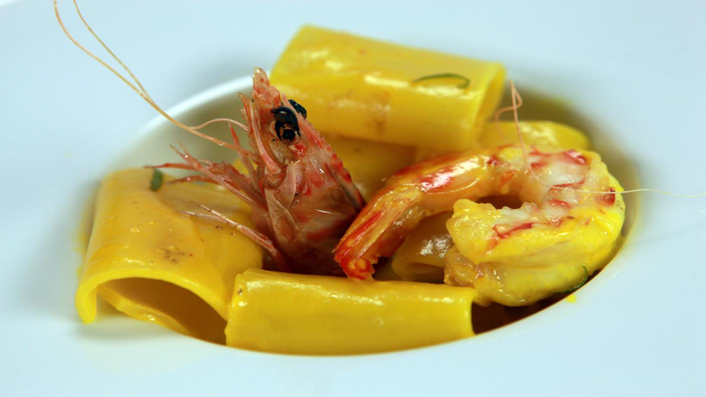 Paccheri gamberoni, zafferano e lime