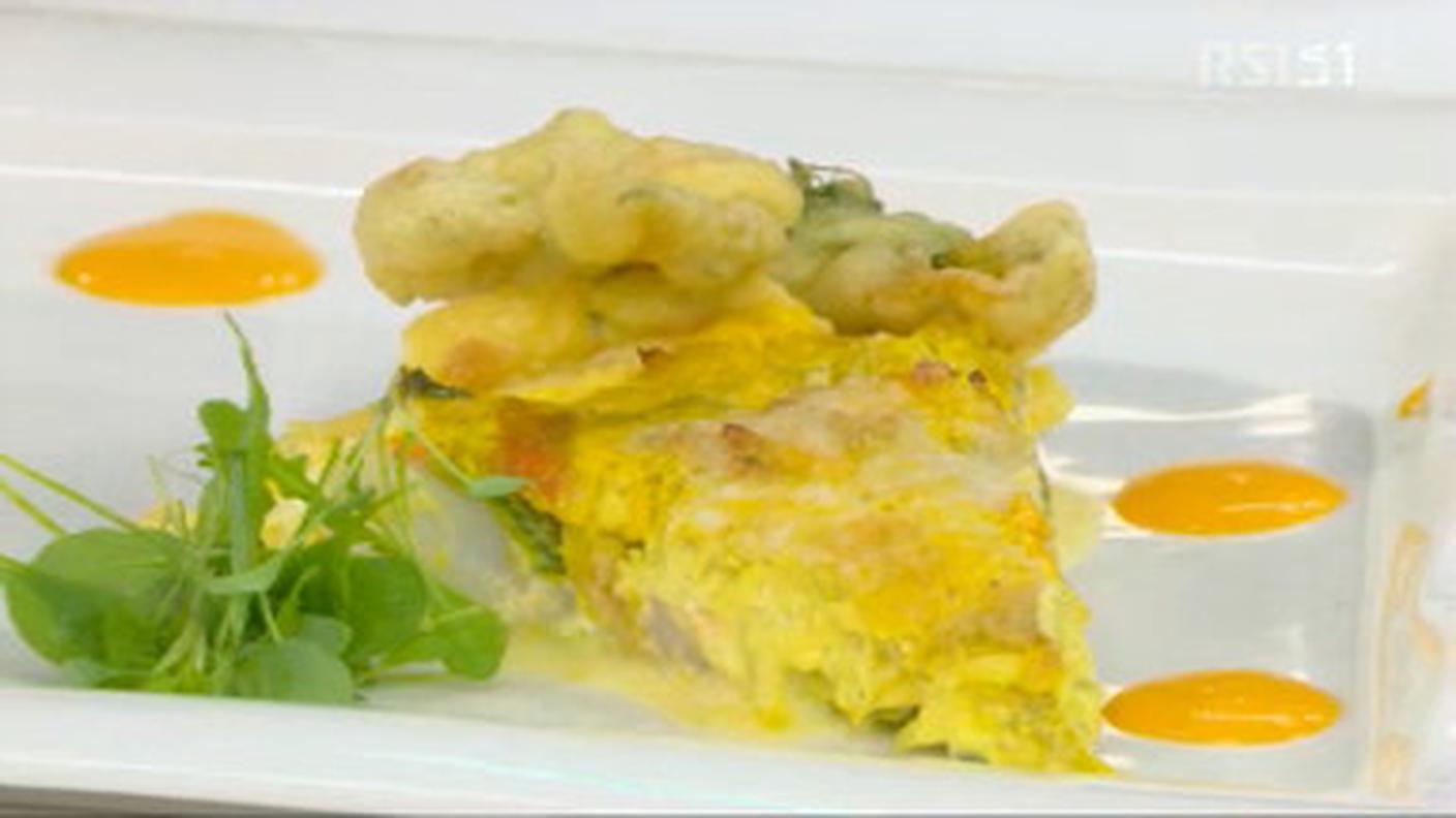 Quiche ai fiori di zucca e gamberoni + fiori di zucca fritti