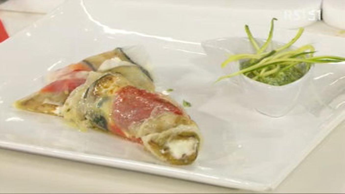 Involtini di verdure in carta di riso, caprino fresco, pesto alle zucchine novelle
