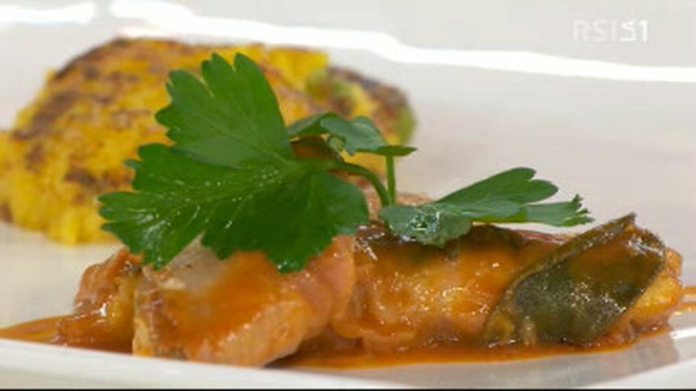 Saltimbocca di pesce con tortino di risotto allo zafferano