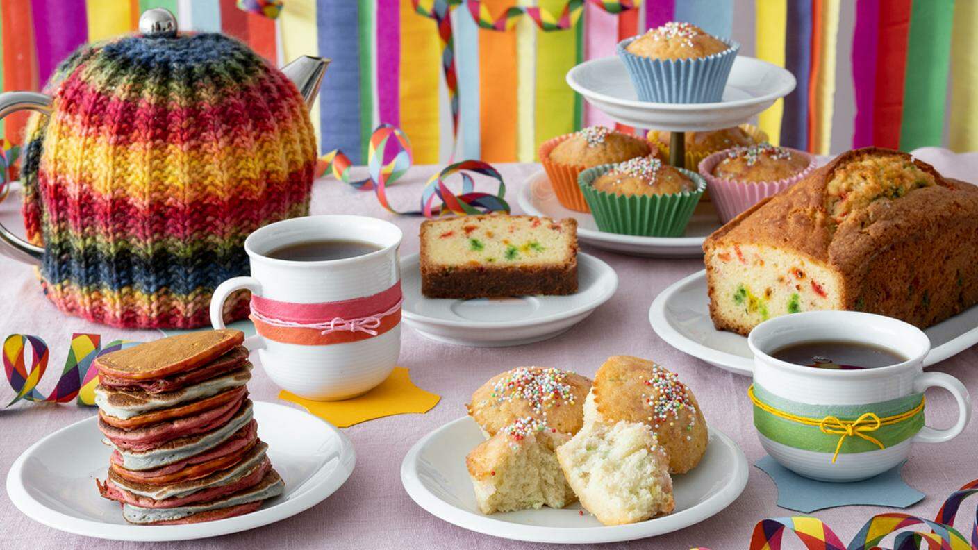 Cake, muffins, pancakes and tea