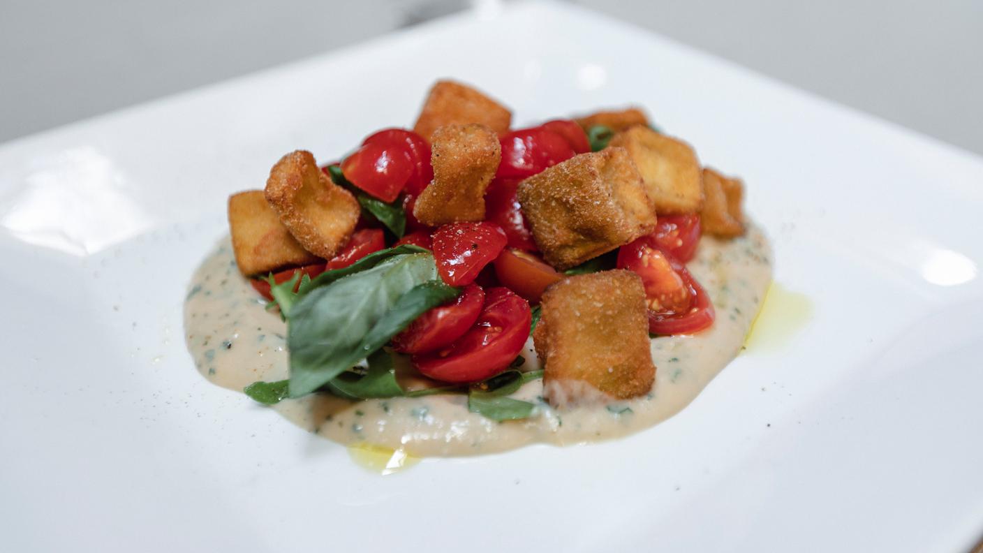 Creole Tomato Salad white bean hummus, fried eggplant