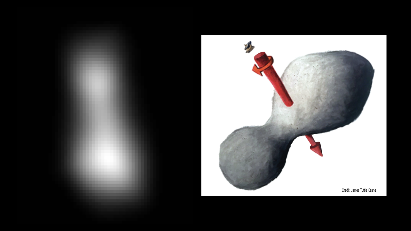 A sinistra un'immagine di Ultima Thule scattata da New Horizons, a destra una ricostruzione
