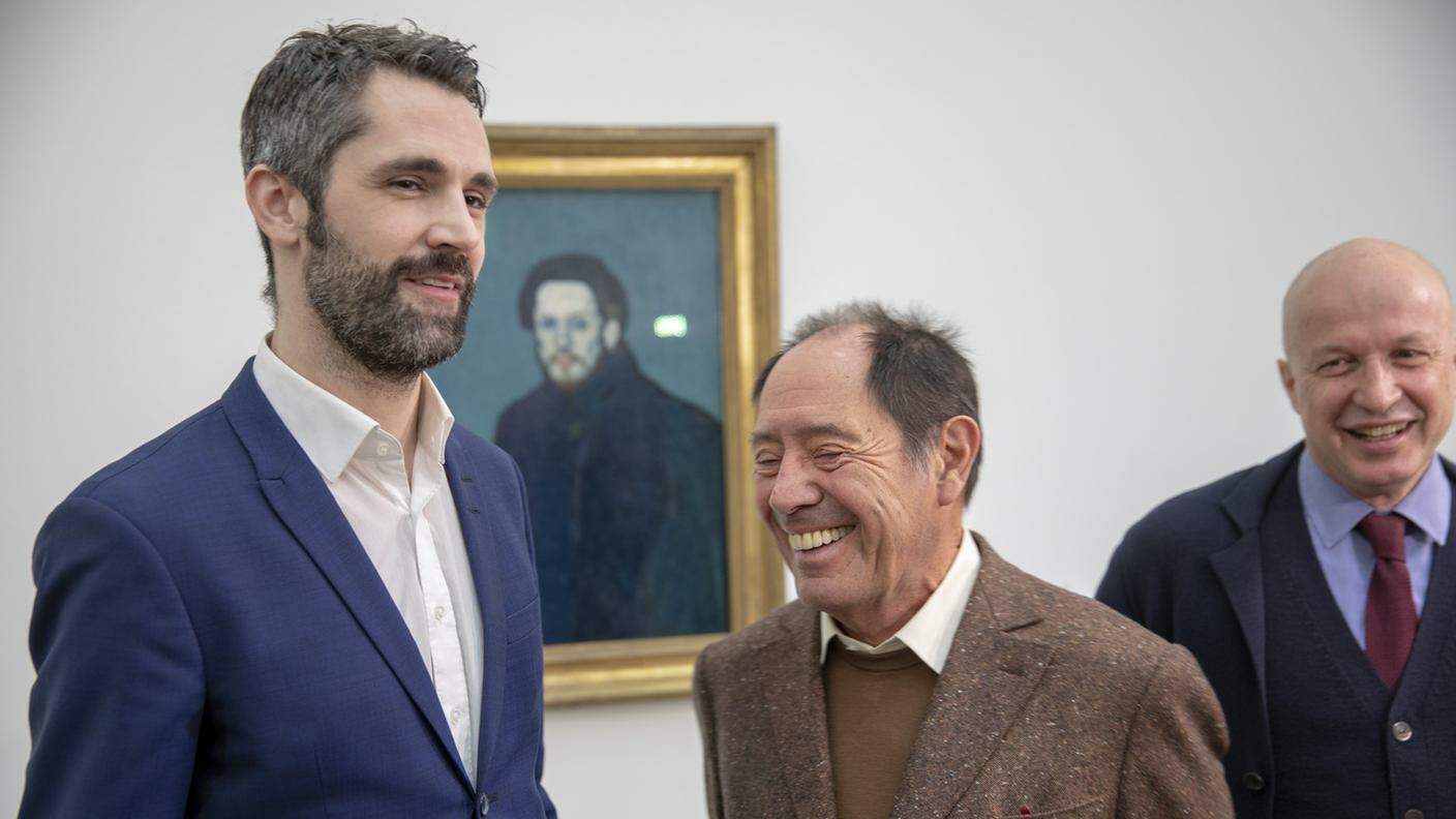 Da sinistra: il curatore Raphaël Bouvier, Claude Picasso, figlio dell'artista, e il direttore del museo Sam Keller