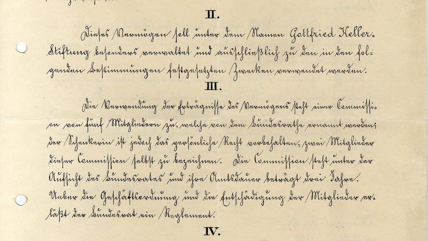 Atto di donazione della Fondazione Gottfried Keller, 1890