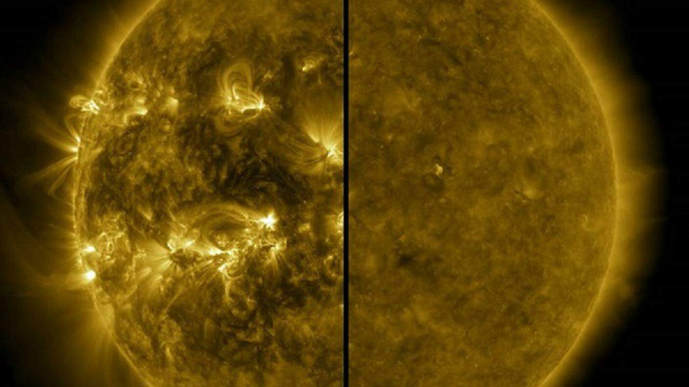 A sinistra il Sole durante il massimo solare (aprile 2014), a destra il Sole durante il minimo solare (dicembre 2019)