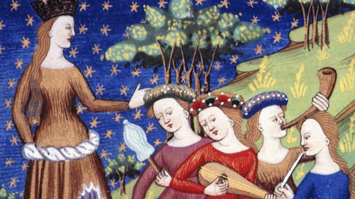 Una signora della nobiltà con le accompagnatrici che suonano strumenti musicali. Illustrazione tratta da De claris mulieribus di Giovanni Boccaccio