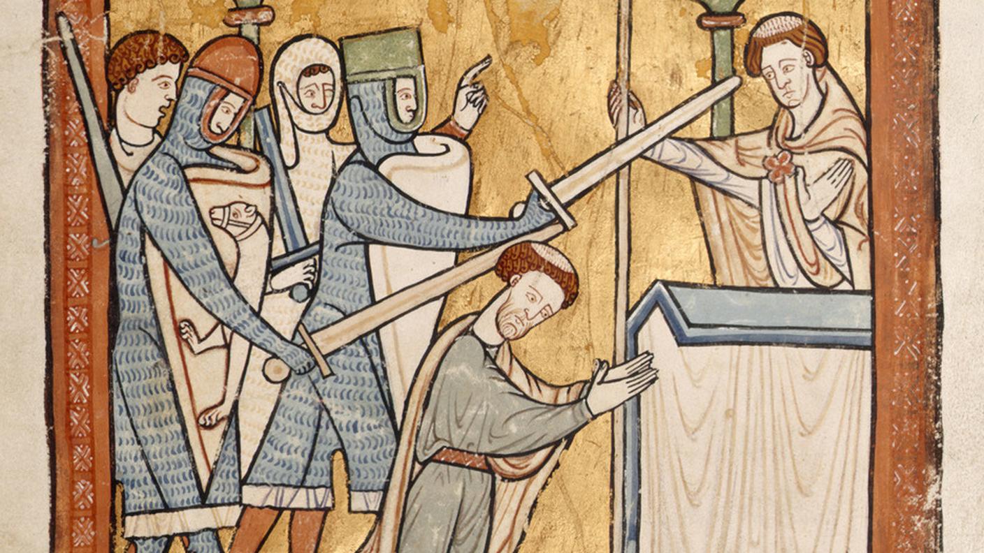 Miniatura del XIII secolo con l'assassinio di Tommaso Becket nella cattedrale di Canterbury, 1200 circa