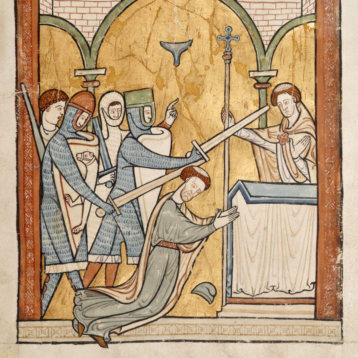 Miniatura del XIII secolo con l'assassinio di Tommaso Becket nella cattedrale di Canterbury, 1200 circa