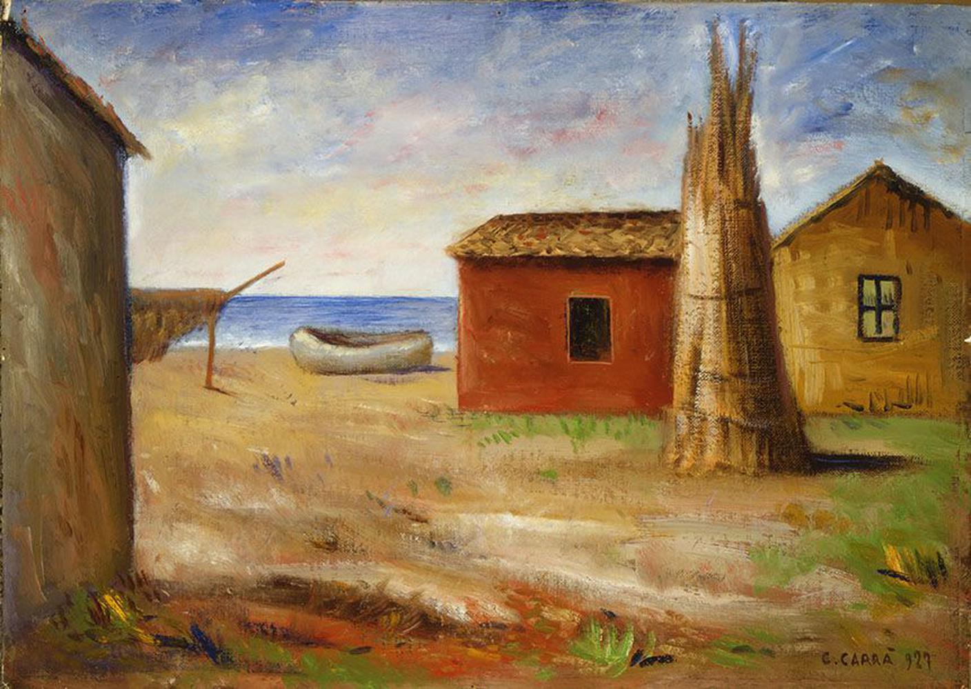 Carlo Carrà, Spiaggia-capanne al mare, 1927
