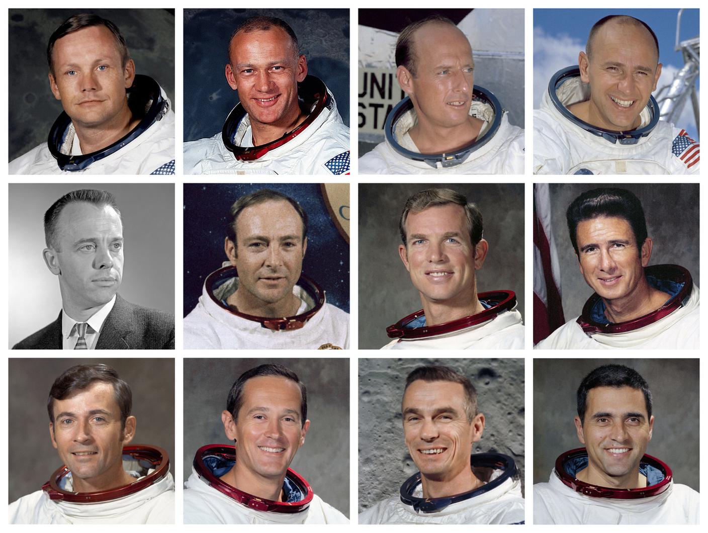 I 12 che hanno camminato sulla Luna. Nella prima fila da sinistra Neil Armstrong e Edwin "Buzz" Aldrin (Apollo 11 - 1969); Charles "Pete" Conrad e Alan Bean (Apollo 12 - 1969). Nella fila al centro: Alan Shepard e Edgar D. Mitchell (Apollo 14 - 1971) David Scott e James B. Irwin (Apollo 15 - 1971). In basso: John Young e Charles M. Duke Jr. (Apollo 16 - 1972) Eugene A. Cernan e Harrison "Jack" Schmitt (Apollo 17 - 1972).