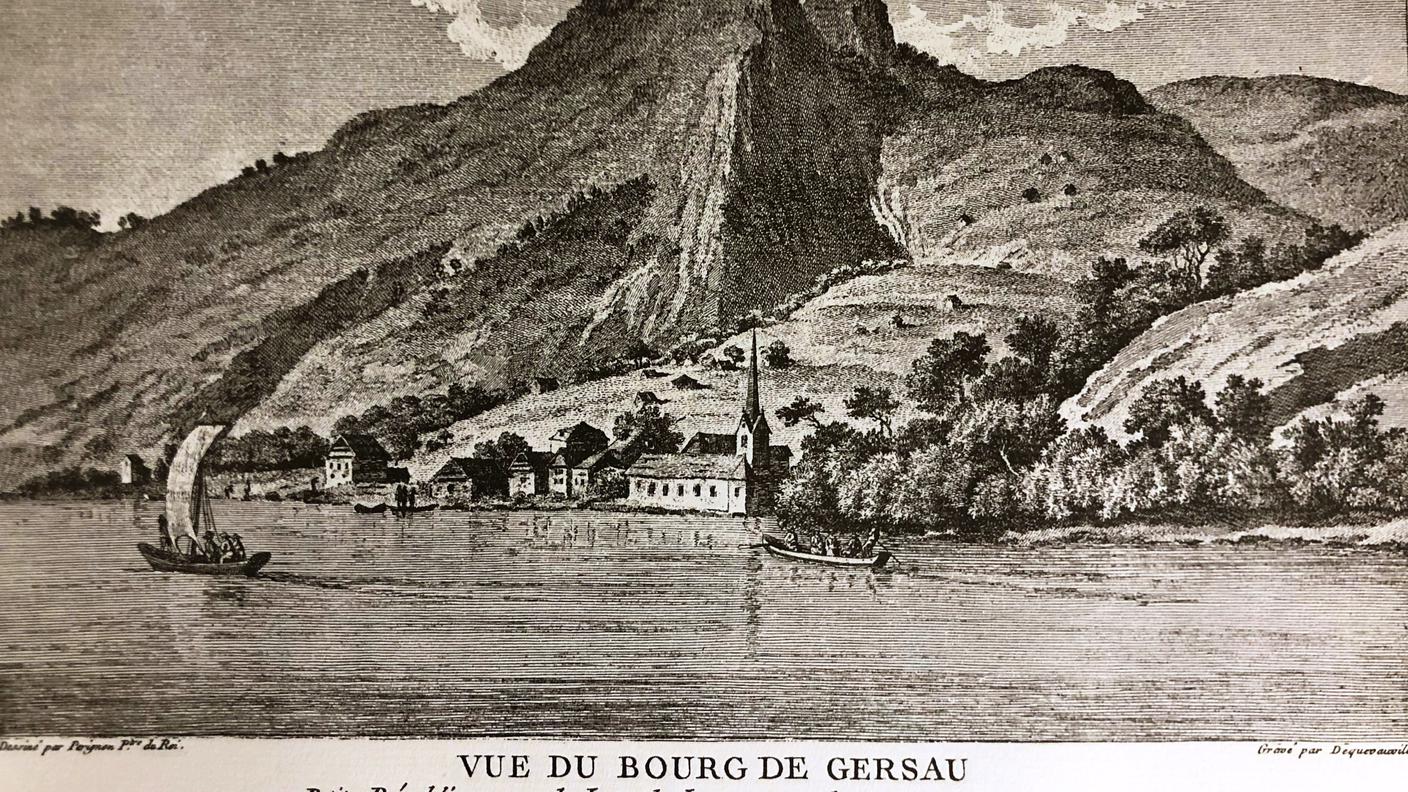 Tavola incisa su rame dedicata a Gersau, inserita nel volume "Tableaux de la Suisse" di Beat Fiedel Zurlauben.