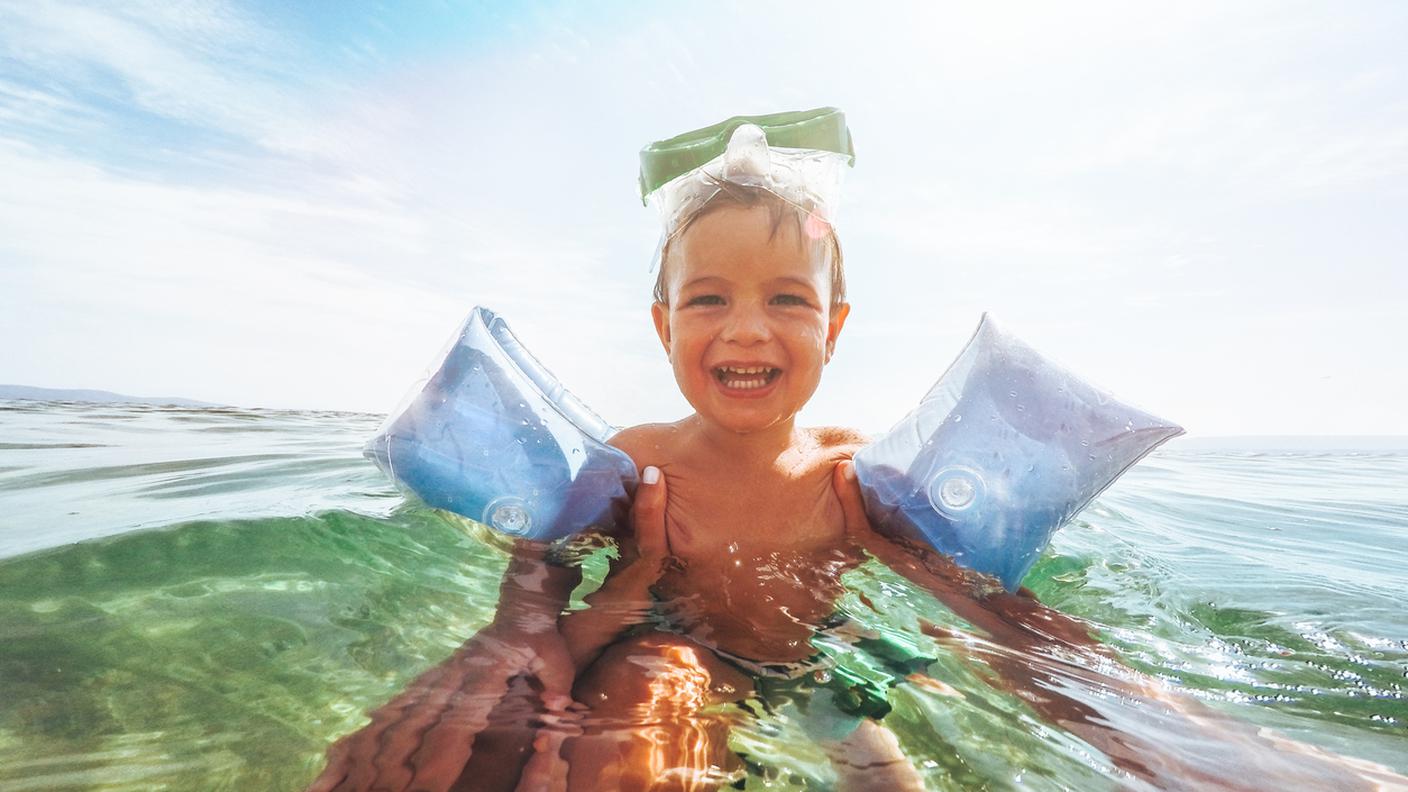 bambino, figlio, nuotare, mare, braccioli