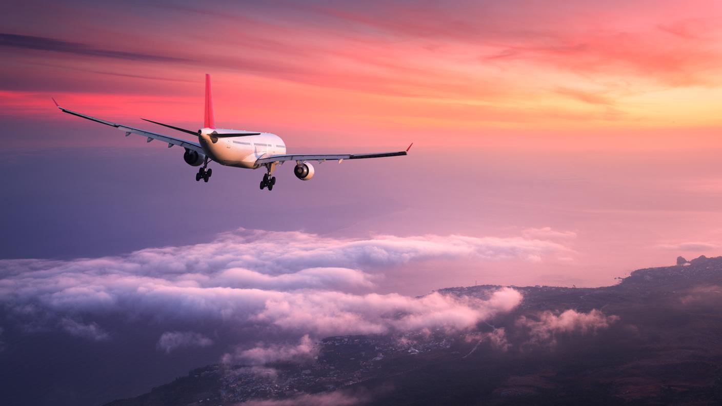 jet, aereo di linea, cielo, tramonto