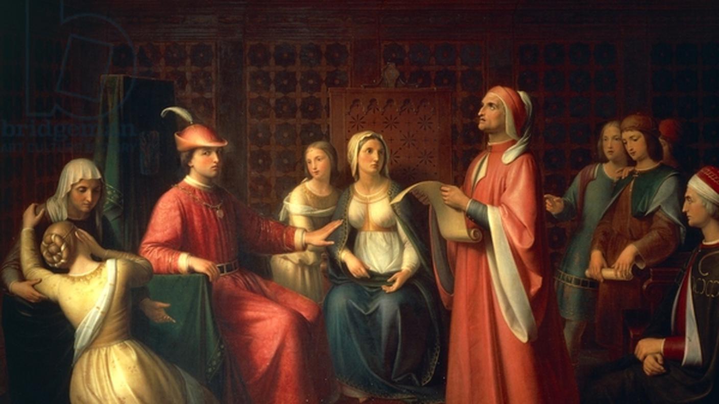 Dante legge la Divina Commedia alla corte di Guido Novello, 1850, dipinto a olio di Andrea Pierini, presso Palazzo Pitti-Galleria D'Arte Moderna, Firenze