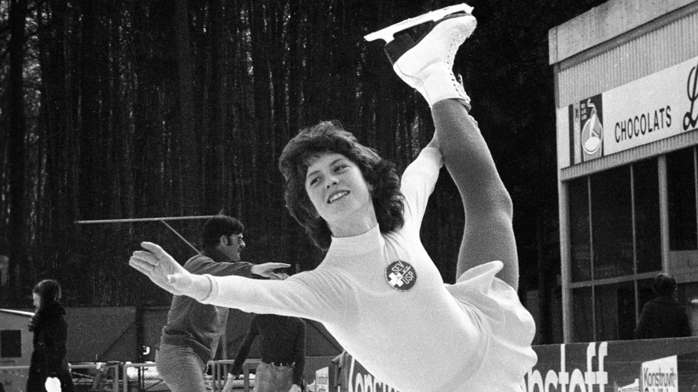 Denise Biellmann immortalata nel febbraio del '76 durante un allenamento a Zurigo