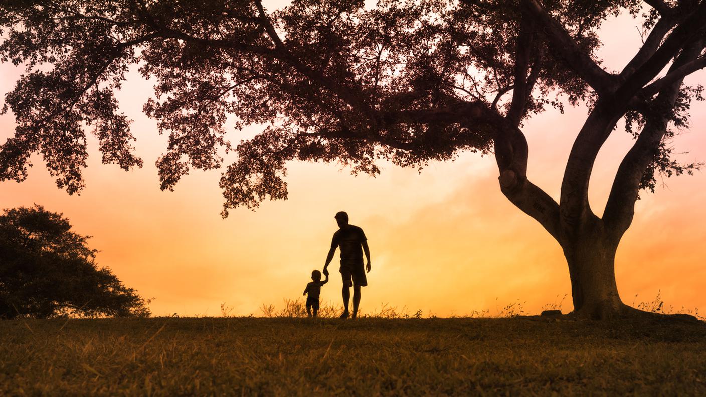 lentezza, gentilezza, padre con figlio al parco, camminare, tramonto