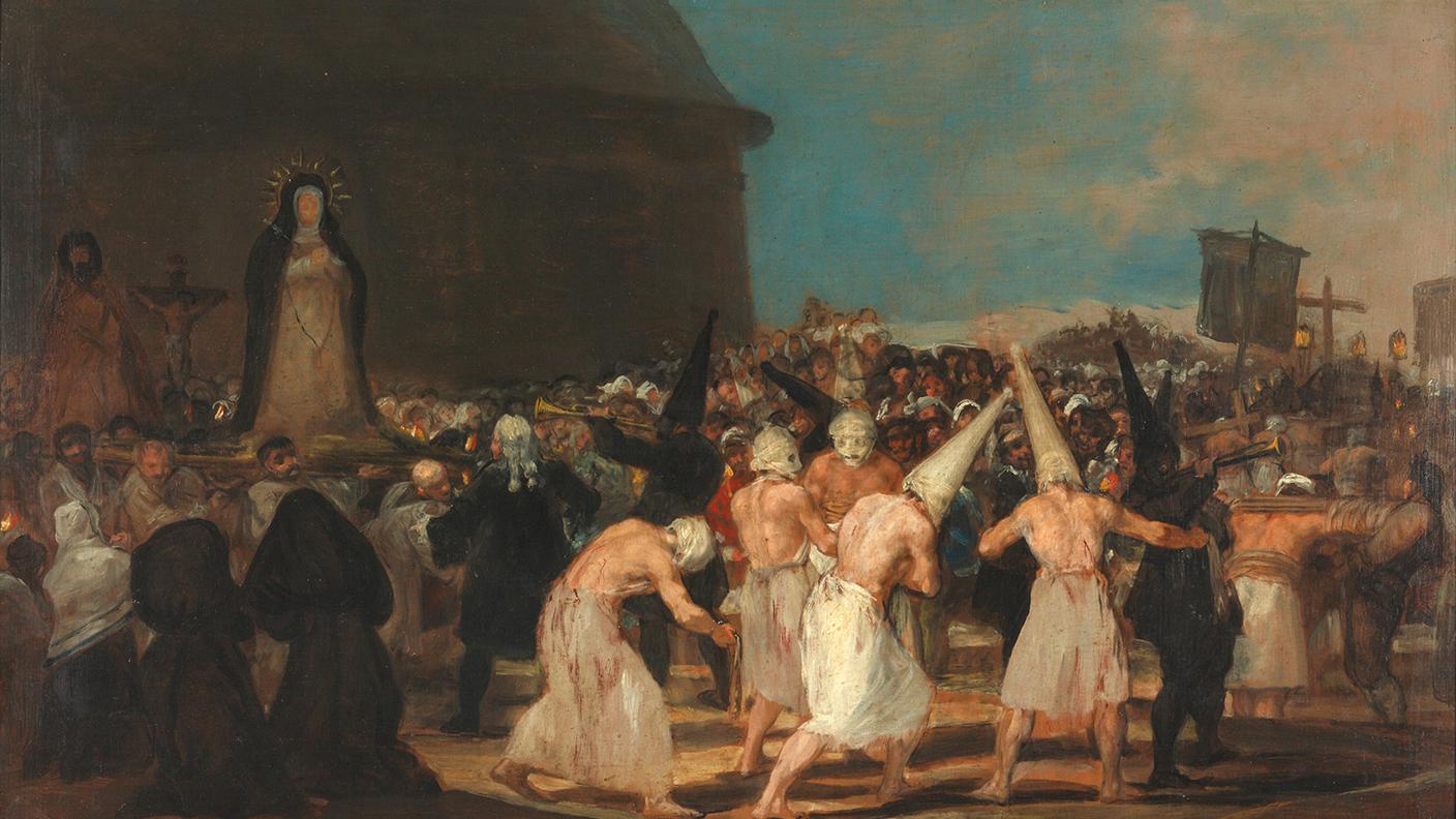 Francisco Goya, Processione di flagellanti, dalla serie “Cuadros de fiestas y costumbres”, 1808-12. Olio su tavola. Real Academia de Bellas Artes de San Fernando, Madrid.jpg