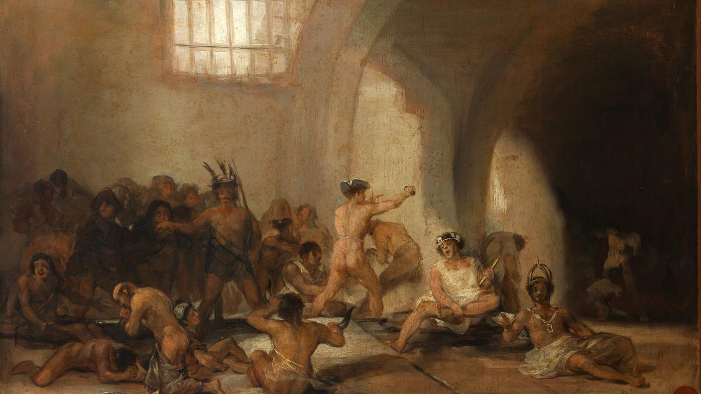 Francisco Goya, Il manicomio, dalla serie “Cuadros de fiestas y costumbres”, 1808-12. Olio su tavola. Real Academia de Bellas Artes de San Fernando, Madrid.jpg