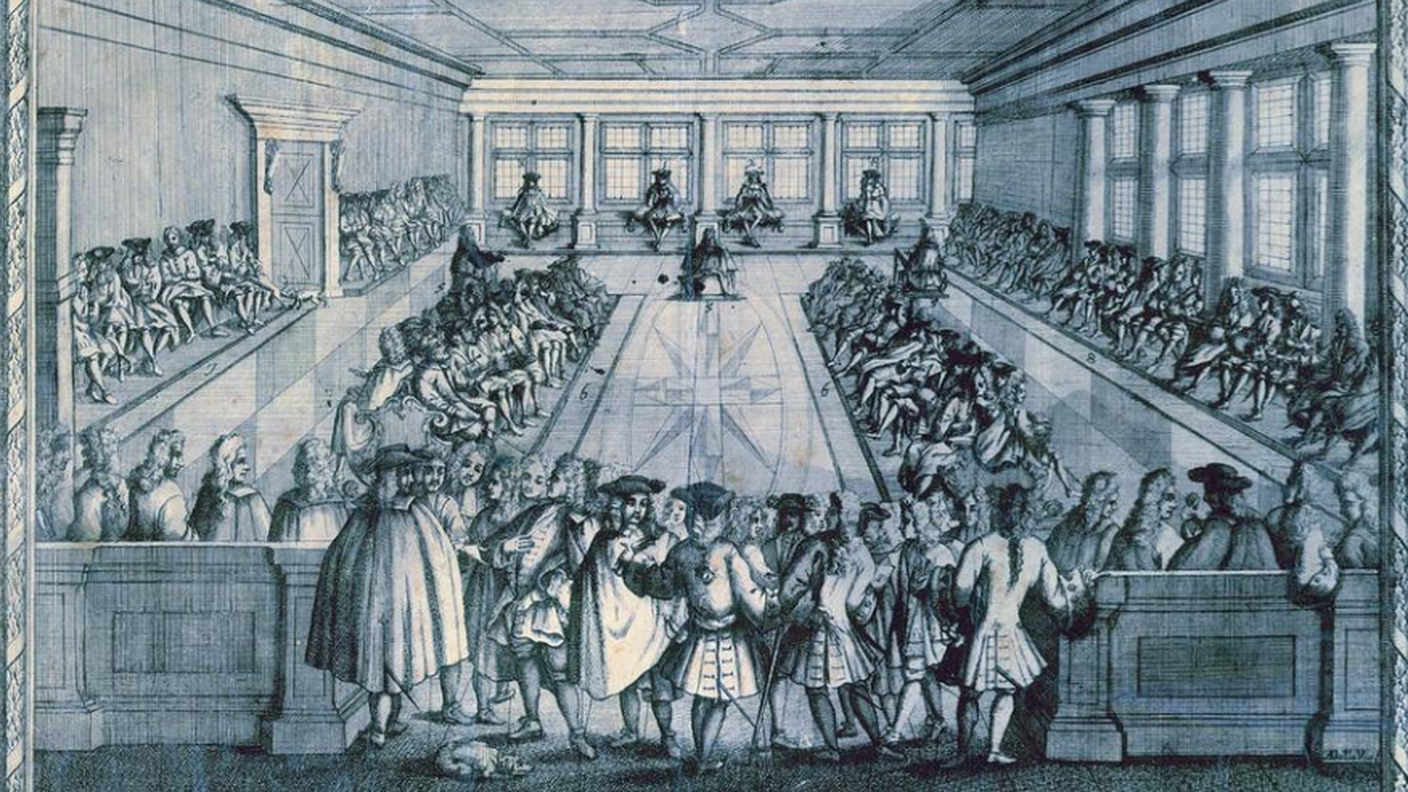 Firma del trattato di alleanza tra la Repubblica di Venezia e il Libero Stato delle Tre Leghe nel municipio di Coira il 17 dicembre 1706. Acquaforte (Museo retico, Coira).png