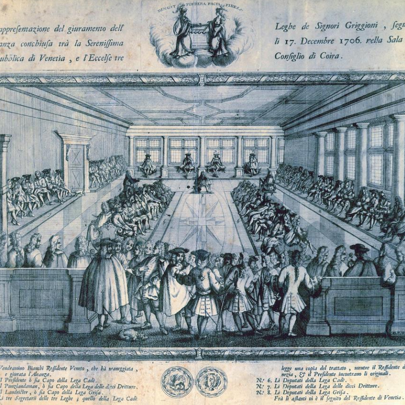 Firma del trattato di alleanza tra la Repubblica di Venezia e il Libero Stato delle Tre Leghe nel municipio di Coira il 17 dicembre 1706. Acquaforte (Museo retico, Coira).png
