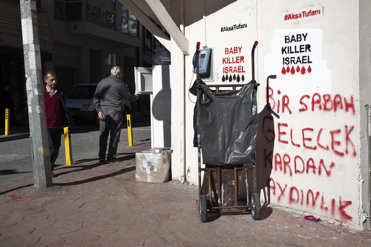 In molti quartieri di Istanbul, i murales esprimono supporto alla causa palestinese e ferma condanna allo Stato di Israele. Su un muro di Tophane, insieme alle scritte "Baby Killer Israel", appaiono i versi di una poesia turca che recita "Arriverà un mattino più luminoso della neve".
