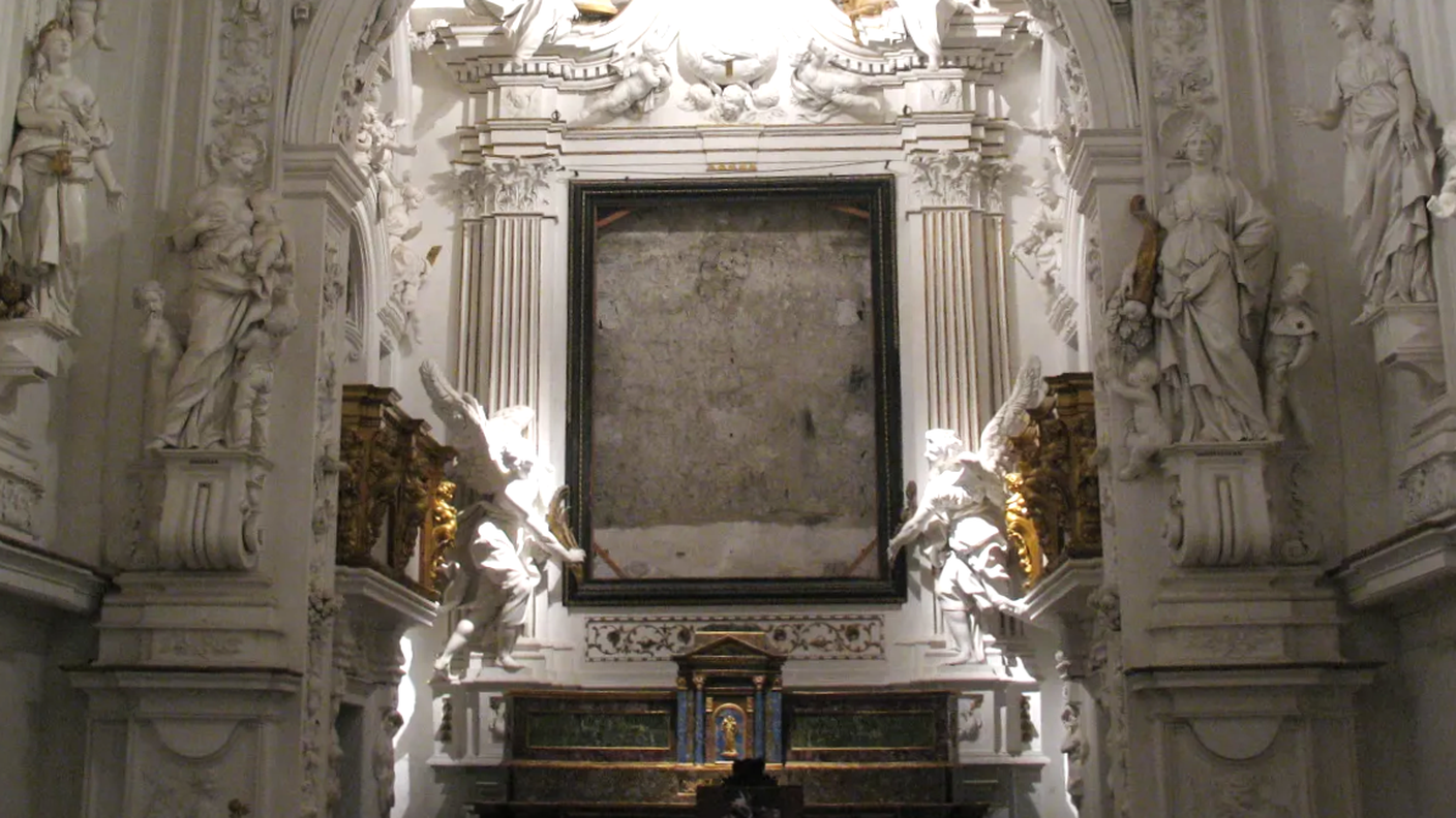 L’Oratorio della Compagnia di San Lorenzo, a Palermo, con la cornice del Caravaggio trafugato.