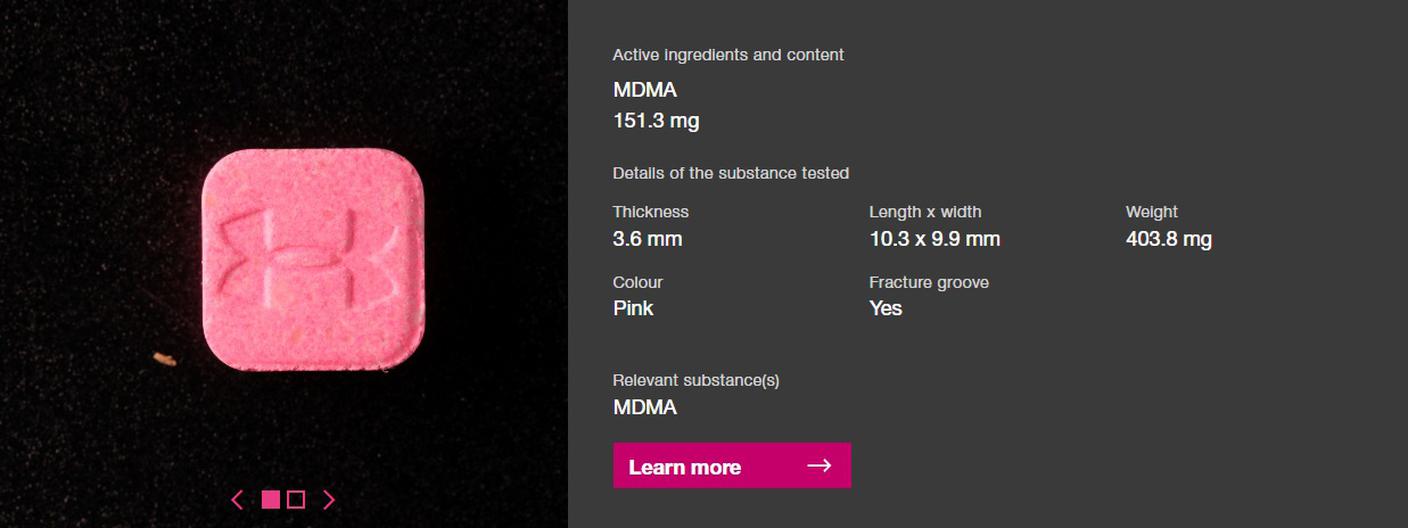 Una delle pastiglie di ecstasy diffuse attualmente in Svizzera, presentata sulla pagine di allerte di saferparty.ch